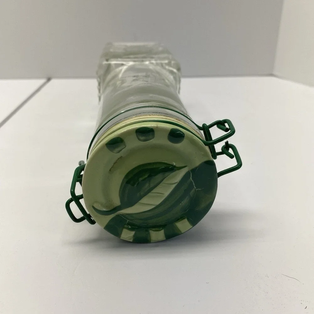 Vintage Glass Square & Round With Wire Bail @Clamp Bottle w/ Green‎ Leaf Cap